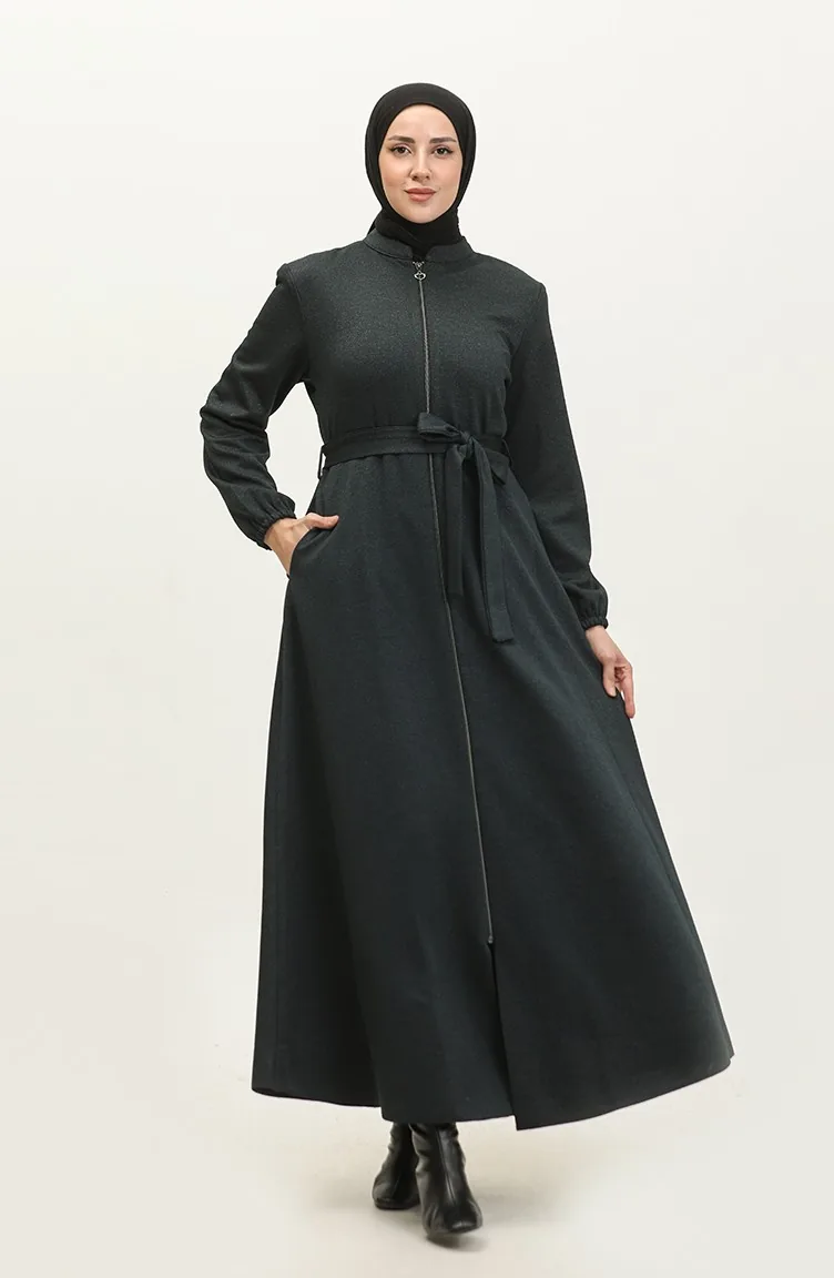 Abaya A Fermeture Tissu Atlas Grande Taille 4259-02 Pétrole 4259-02