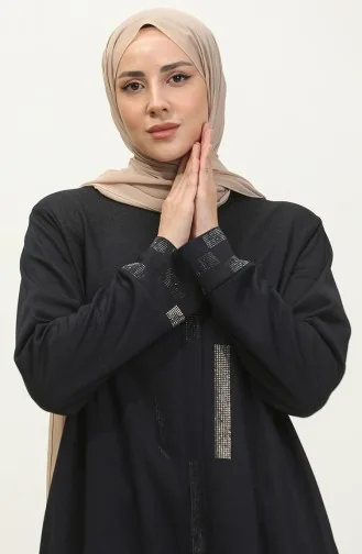 Abaya Robe De Soirée Imprimée Pierre Grande Taille 4262-01 Bleu Marine 4262-01