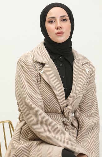 Manteau à Revers à Chevrons Grande Taille Beige K332 687