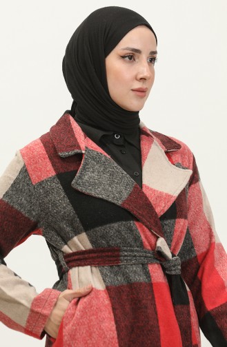 سترة بنقش مربع بحزام NZR001J-04 أسود أحمر 001J-04