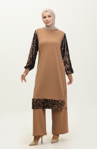 Payetli Abiye Tunik Pantolon İkili Takım 0318-01 Sütlü kahve