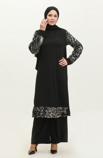 Ensemble Double Robe De Soirée à Paillettes Tunique Pantalon 0318-02 Noir 0318-02