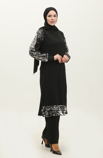 Ensemble Double Robe De Soirée à Paillettes Tunique Pantalon 0318-02 Noir 0318-02