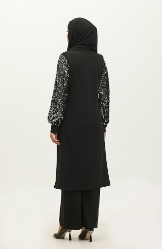 Ensemble Double Robe De Soirée à Paillettes Tunique Pantalon 0318-02 Noir 0318-02