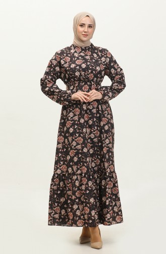Çiçek Desenli Kuşaklı Elbise 0316-02 Siyah