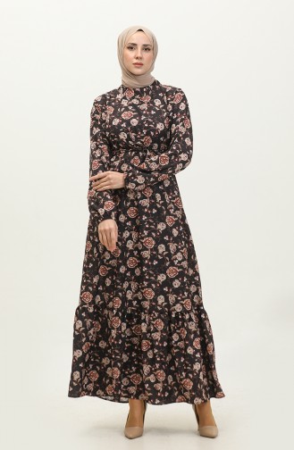 Çiçek Desenli Kuşaklı Elbise 0316-02 Siyah