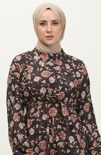 Çiçek Desenli Kuşaklı Elbise 0316-02 Siyah