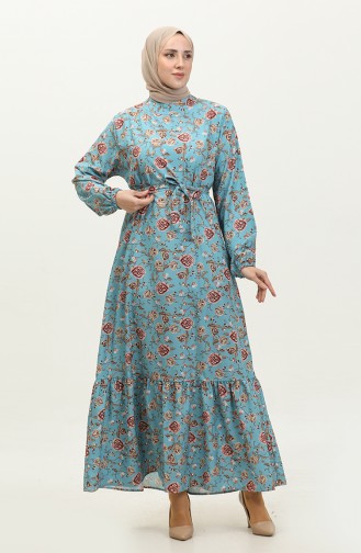 Floral Patterned Belted Dress 0316-03 Mint Blue 0316-03