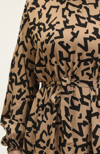 Eslem Geometric Pattern Viscose Dress 0321-03 Milky Coffee Black 0321-03
