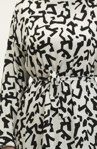 Eslem Geometrik Desen Viskon Elbise 0321-04 Beyaz Siyah
