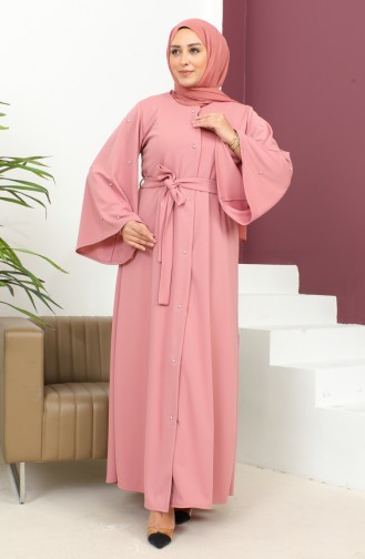 Abaya Avec Boutons Lapidés Grande Taille 8028-03 Rose Poudré 8028-03