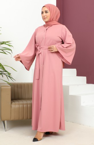 Abaya Avec Boutons Lapidés Grande Taille 8028-03 Rose Poudré 8028-03