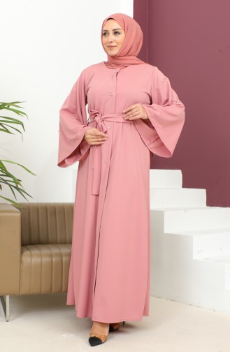 Abaya Avec Boutons Lapidés Grande Taille 8028-03 Rose Poudré 8028-03