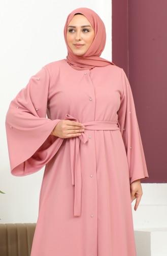 Abaya Avec Boutons Lapidés Grande Taille 8028-03 Rose Poudré 8028-03