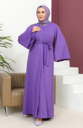 Plus Size Stone Buttoned Abaya 8028-04 Plum 8028-04