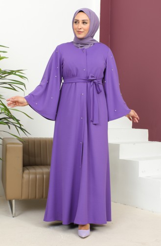 Plus Size Stone Buttoned Abaya 8028-04 Plum 8028-04