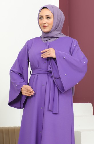 Plus Size Stone Buttoned Abaya 8028-04 Plum 8028-04