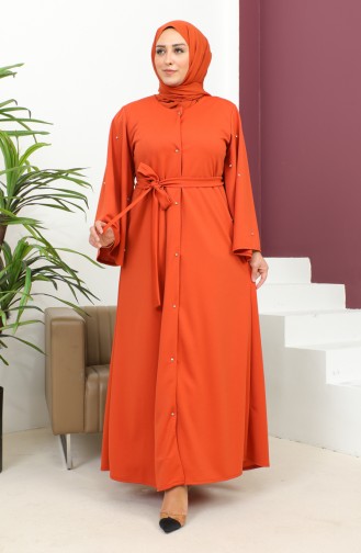 Plus Size Stone Buttoned Abaya 8028-05 Brick Red 8028-05