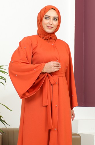 Plus Size Stone Buttoned Abaya 8028-05 Brick Red 8028-05