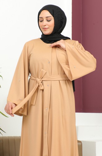 Abaya Avec Boutons Lapidés Grande Taille 8028-06 Brun Lait 8028-06