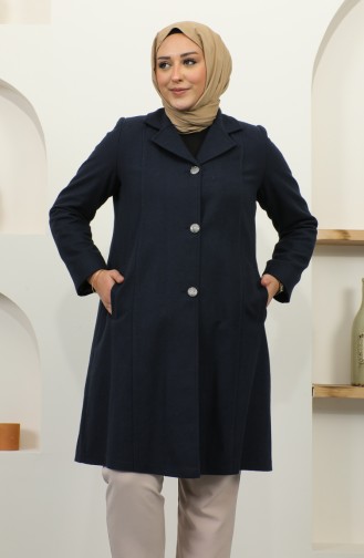 Plus Size Buttoned Cachet Coat 1176-02 Navy Blue 1176-02