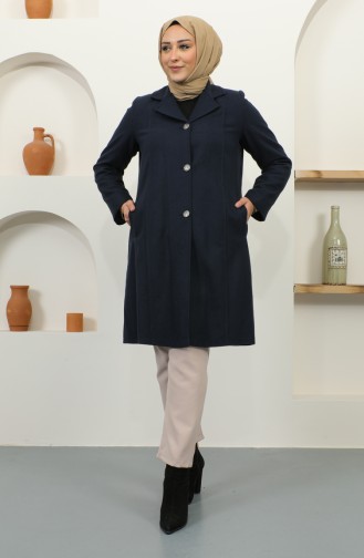 Plus Size Buttoned Cachet Coat 1176-02 Navy Blue 1176-02