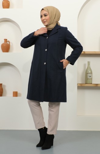 Manteau Cachemire Boutonné Grande Taille 1176-02 Bleu Marine 1176-02