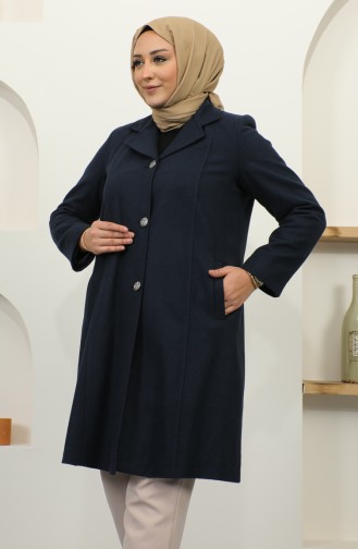 Manteau Cachemire Boutonné Grande Taille 1176-02 Bleu Marine 1176-02