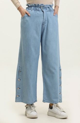 Buttoned Wide Leg Jeans Trousers 30051-01 Ice Blue 30051-01