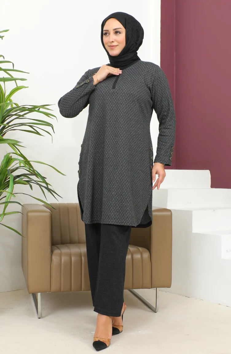طقم ثنائي منقوش تونيك بنطلون 2692C-01 أسود 2692C-01