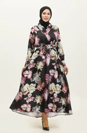 Robe De Soirée Satin à Motifs Fleurs 5349-01 Noir Vert 5349-01