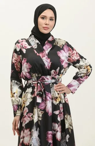 Robe De Soirée Satin à Motifs Fleurs 5349-01 Noir Vert 5349-01
