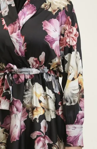 Robe De Soirée Satin à Motifs Fleurs 5349-01 Noir Vert 5349-01