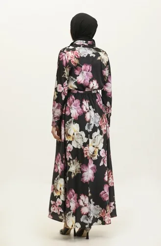 Robe De Soirée Satin à Motifs Fleurs 5349-01 Noir Vert 5349-01