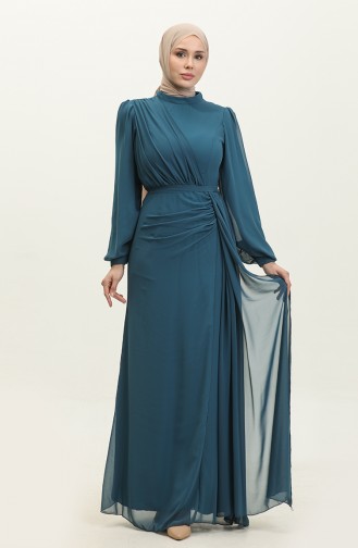 Pleated Belted Evening Dress 5711a-02 Petrol 5711A-02