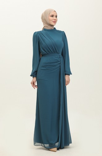 Pleated Belted Evening Dress 5711a-02 Petrol 5711A-02