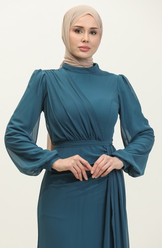 Pleated Belted Evening Dress 5711a-02 Petrol 5711A-02