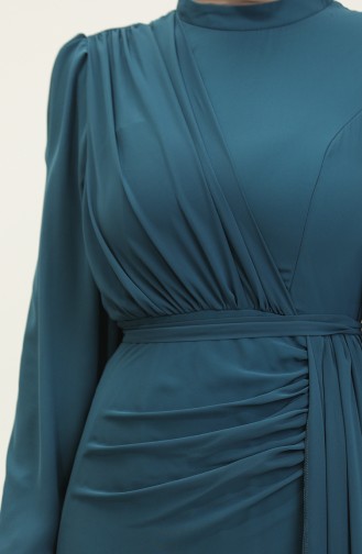 Pleated Belted Evening Dress 5711a-02 Petrol 5711A-02