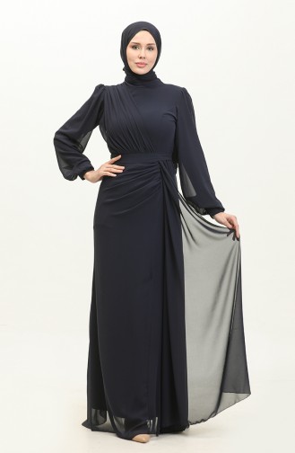 Pleated Belted Evening Dress 5711a-03 Navy Blue 5711A-03