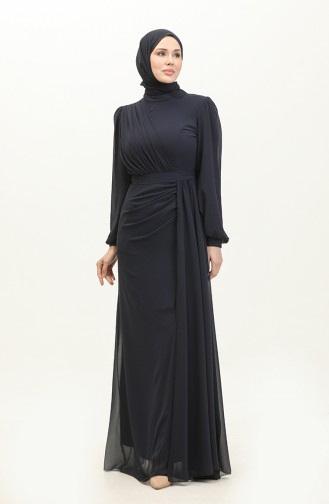 Pleated Belted Evening Dress 5711a-03 Navy Blue 5711A-03