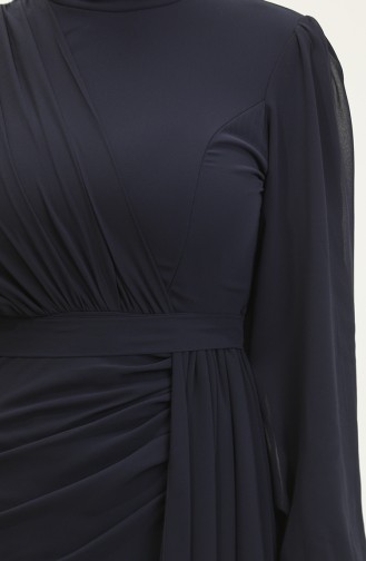 Pleated Belted Evening Dress 5711a-03 Navy Blue 5711A-03