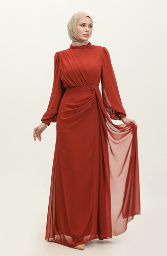 Pleated Belted Evening Dress 5711A-04 Brick Red 5711A-04
