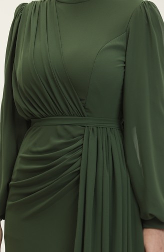 فستان سهرة مطوي بحزام 5711A-05 أخضر عسكري  5711A-05