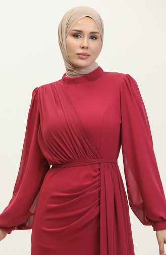Pleated Belted Evening Dress 5711a-09 Fuchsia 5711A-09