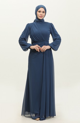 Pleated Belted Evening Dress 5711a-12 İndigo 5711A-12