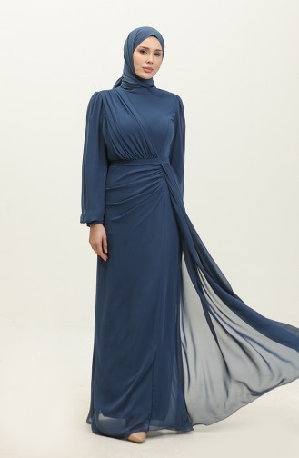 Pleated Belted Evening Dress 5711a-12 İndigo 5711A-12