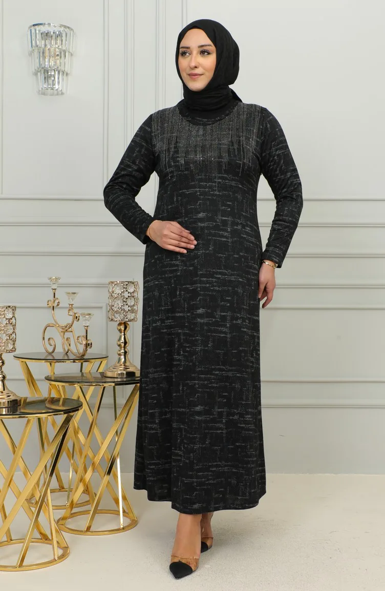 Robe à Motifs Pierre Imprimée Grande Taille 4425A-01 Bleu Marine 4425A-01