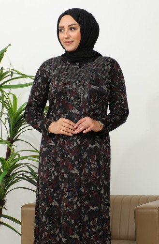 Großes Gemustertes Kleid Mit Steindruck 4425B-02 Weinrot 4425B-02