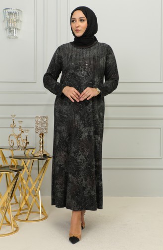 Büyük Beden Taş Baskılı Desenli Elbise 4425D-01 Kahverengi