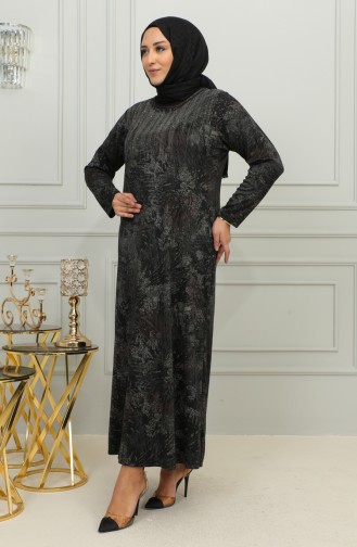 Büyük Beden Taş Baskılı Desenli Elbise 4425D-01 Kahverengi